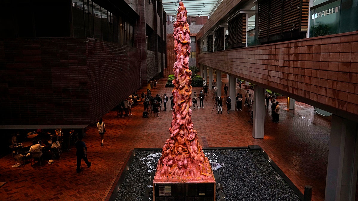 The "Pillar of Shame" statue, a memorial for those killed in the 1989 Tiananmen crackdown, is displayed at the University of Hong Kong, Oct. 13, 2021. A monument at a Hong Kong university that commemorated the 1989 Tiananmen massacre was boarded up by workers late Wednesday, prompting fears over the future of the monument as the city's authorities crack down on dissent.