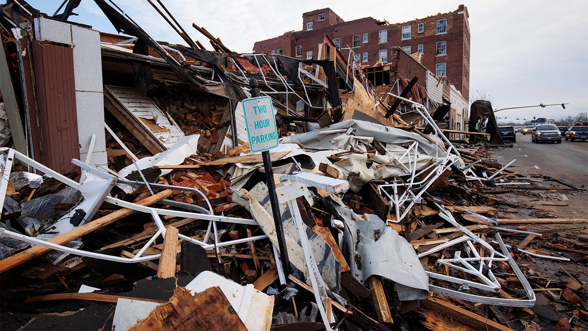 Heavy damage is seen downtown after a tornado swept through the area on Dec. 11, 2021 in Mayfield, Kentucky.