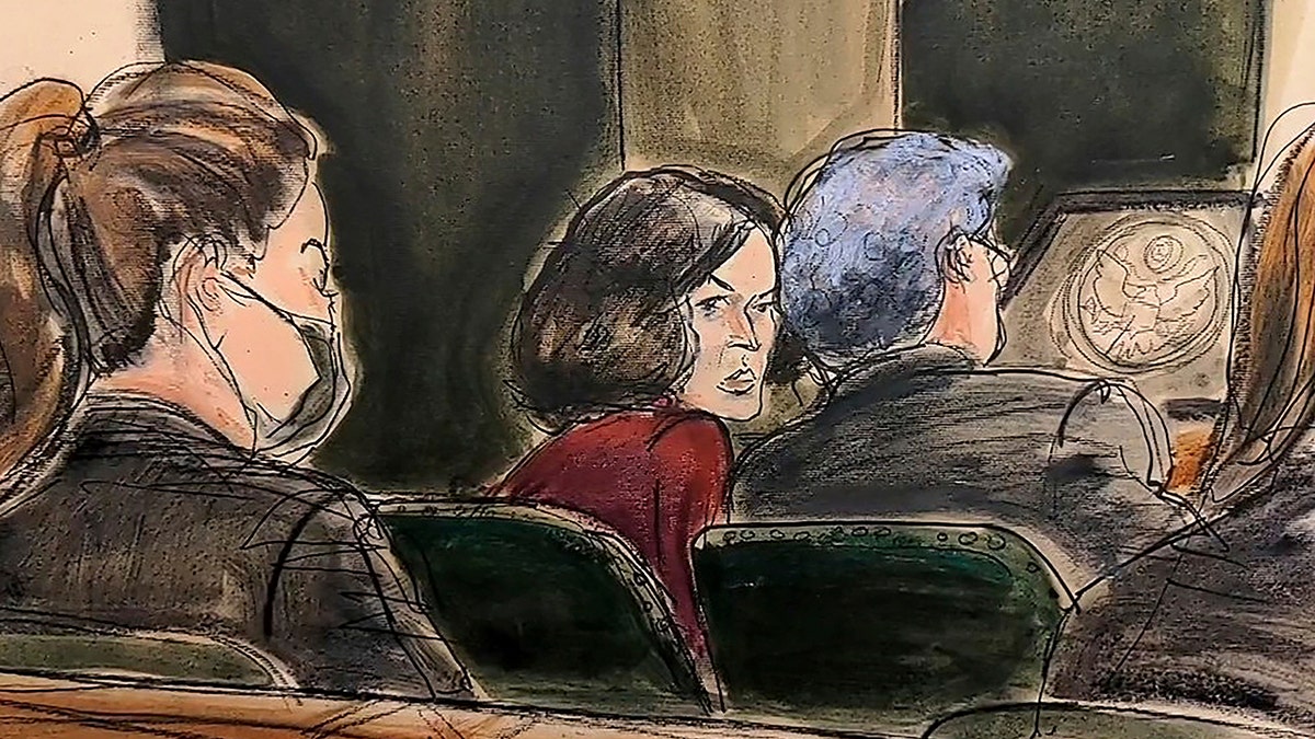 In this courtroom sketch, Ghislaine Maxwell confers with her defense attorney Jeffrey Pagliuca before testimony begins in her sex-abuse trial in New York on Dec. 8, 2021.