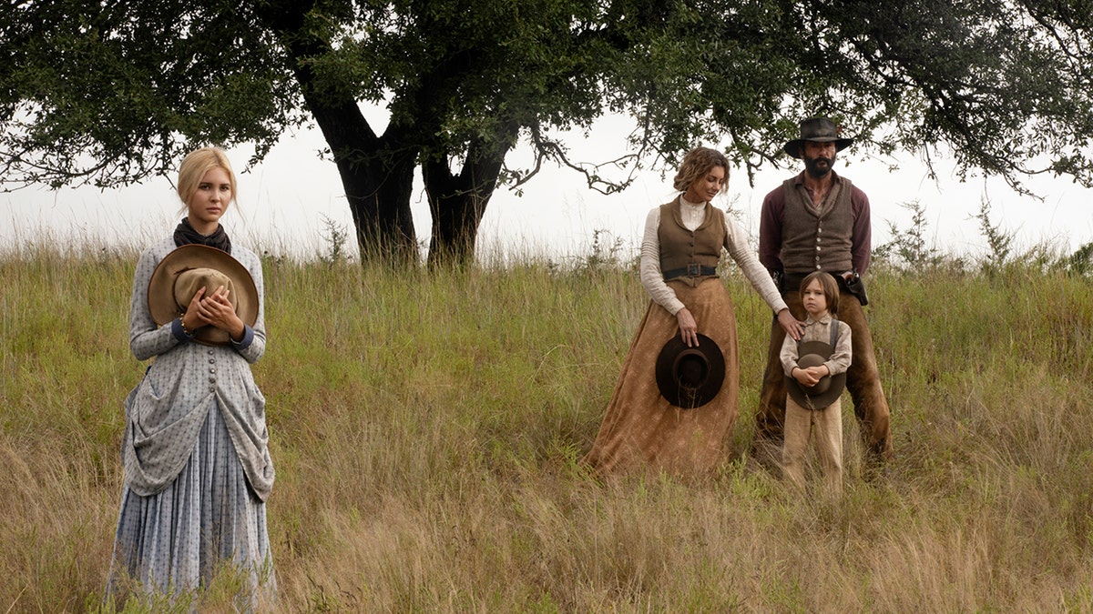 Isabel May as Elsa, Faith Hill as Margaret, Tim McGraw as James and Audie Rick as John of the Paramount+ original series "1883."