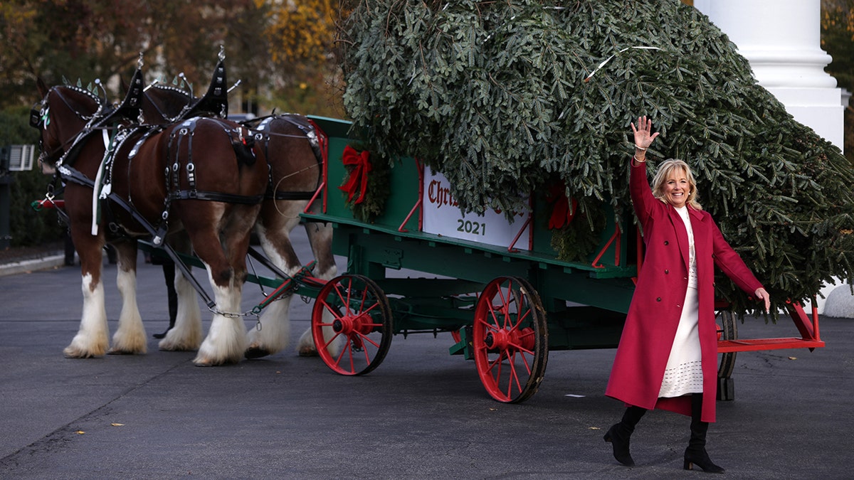 First lady Jill Biden waves after she receives the official White House Christmas Tree on the North Portico of the White House on Nov. 22, 2021 in Washington.