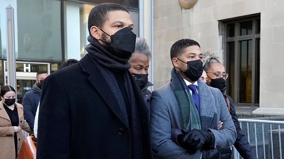 Actor Jussie Smollett, second from right, departs with his mother, Janet, second from left, from the Leighton Criminal Courthouse, Wednesday, Dec. 8, 2021, in Chicago, after Cook County Judge James Linn gave the case to the jury. 