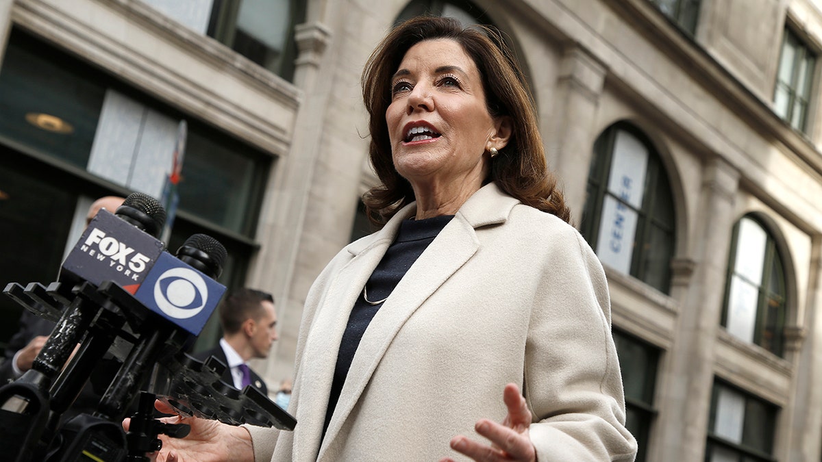 New York Gov. Kathy Hochul addresses the media during the 2021 New York City Veterans Day Parade on Nov. 11, 2021, in New York City. 