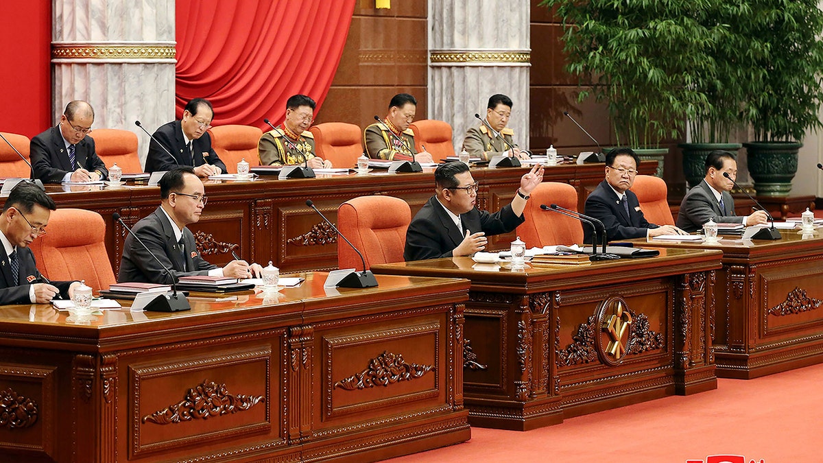 North Korean leader Kim Jong Un, bottom center, attends a meeting of the Central Committee of the ruling Workers’ Party in Pyongyang, North Korea on Monday, Dec. 27, 2021. 