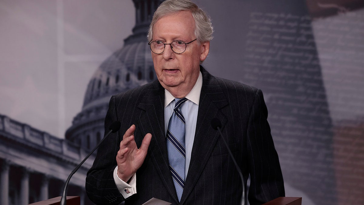 WASHINGTON, DC - DECEMBER 16: Senate Minority Leader Mitch McConnell says, "The reason the Democrats want to get rid of the filibuster is they want to admit two new states, the District of Columbia and Puerto Rico, and pack the Supreme Court and fundamentally change the structure of America forever (Photo by Anna Moneymaker/Getty Images)