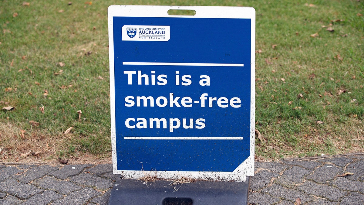 A sign on the University of Aukland campus in New Zealand, Thursday, Dec. 9, 2021. 