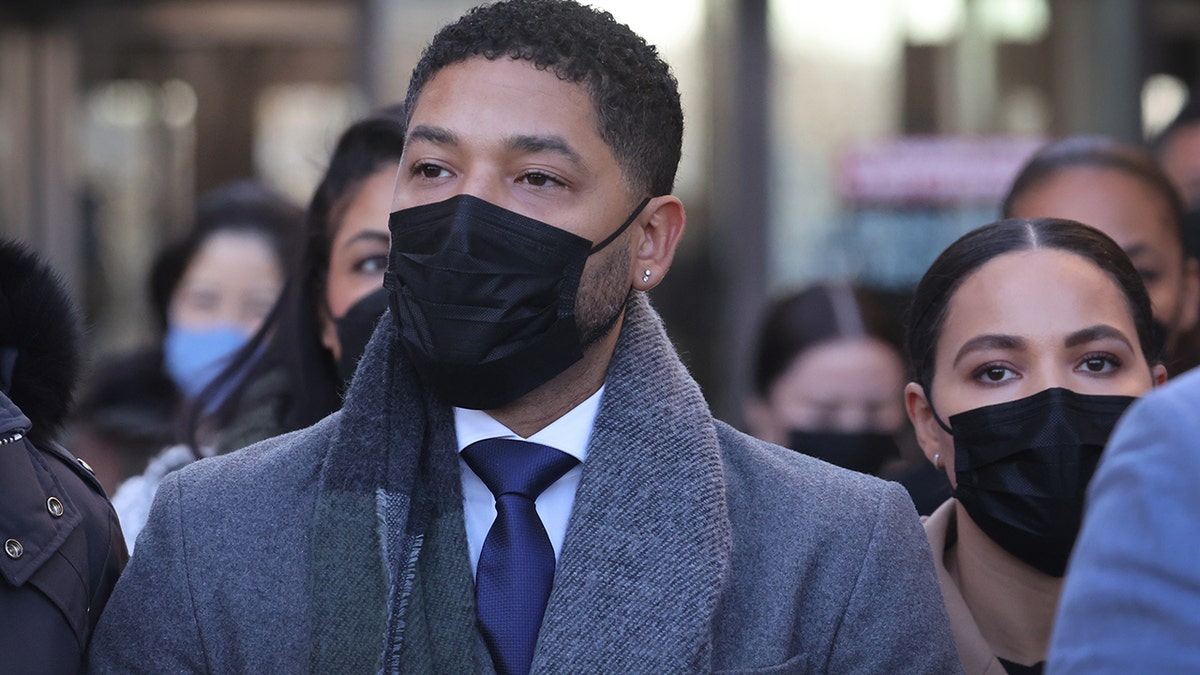 Former "Empire" actor Jussie Smollett leaves the Leighton Criminal Courts Building as the jury begins deliberation during his trial on Dec. 8, 2021, in Chicago, Illinois. 