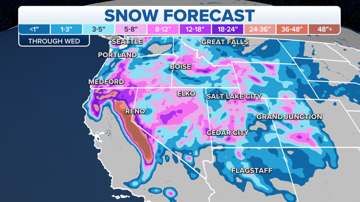 Expected snowfall totals for this week in Western states.