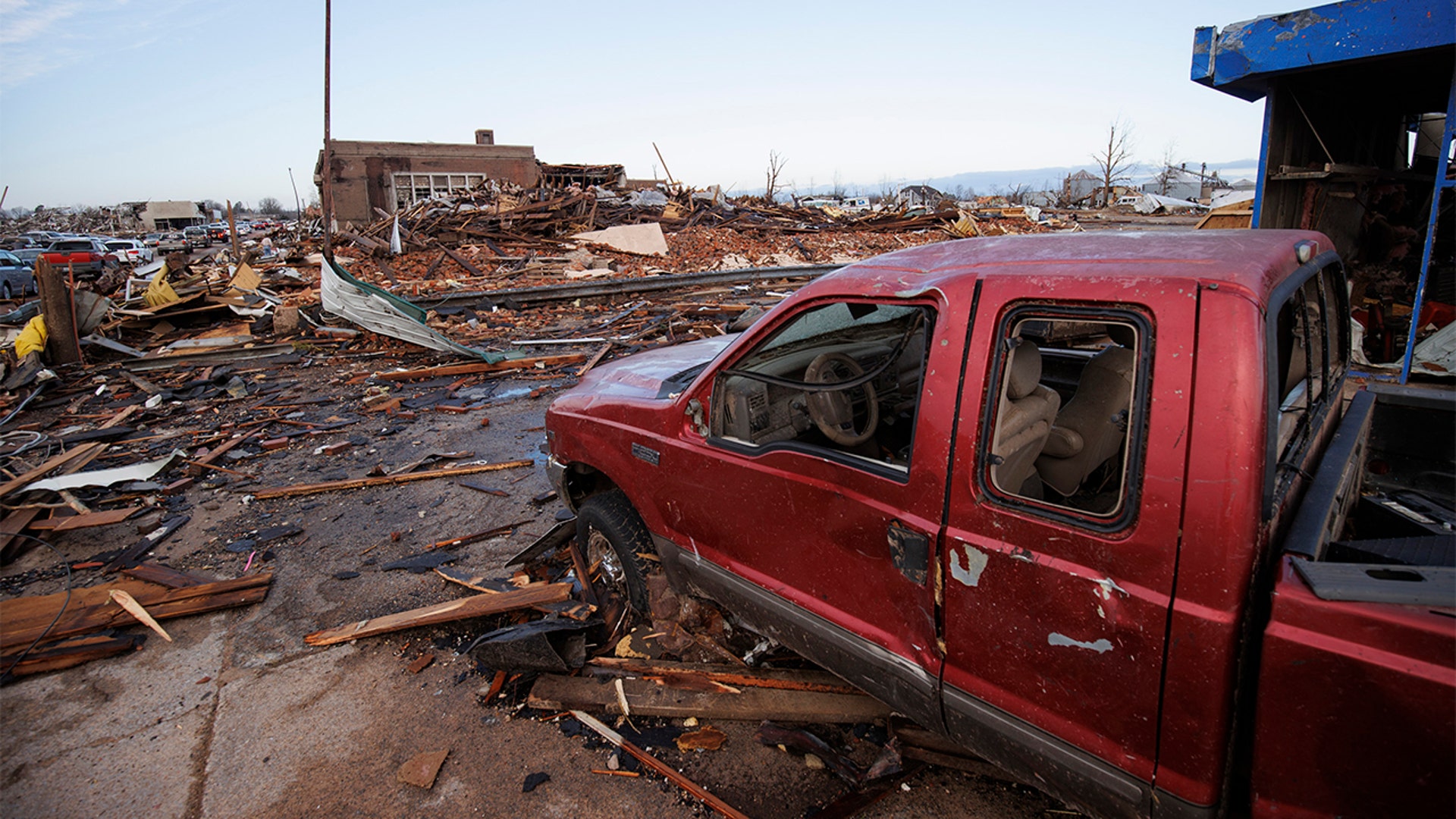 Heavy damage is seen downtown after a tornado swept through the area on Dec. 11, 2021 in Mayfield, Kentucky. 
