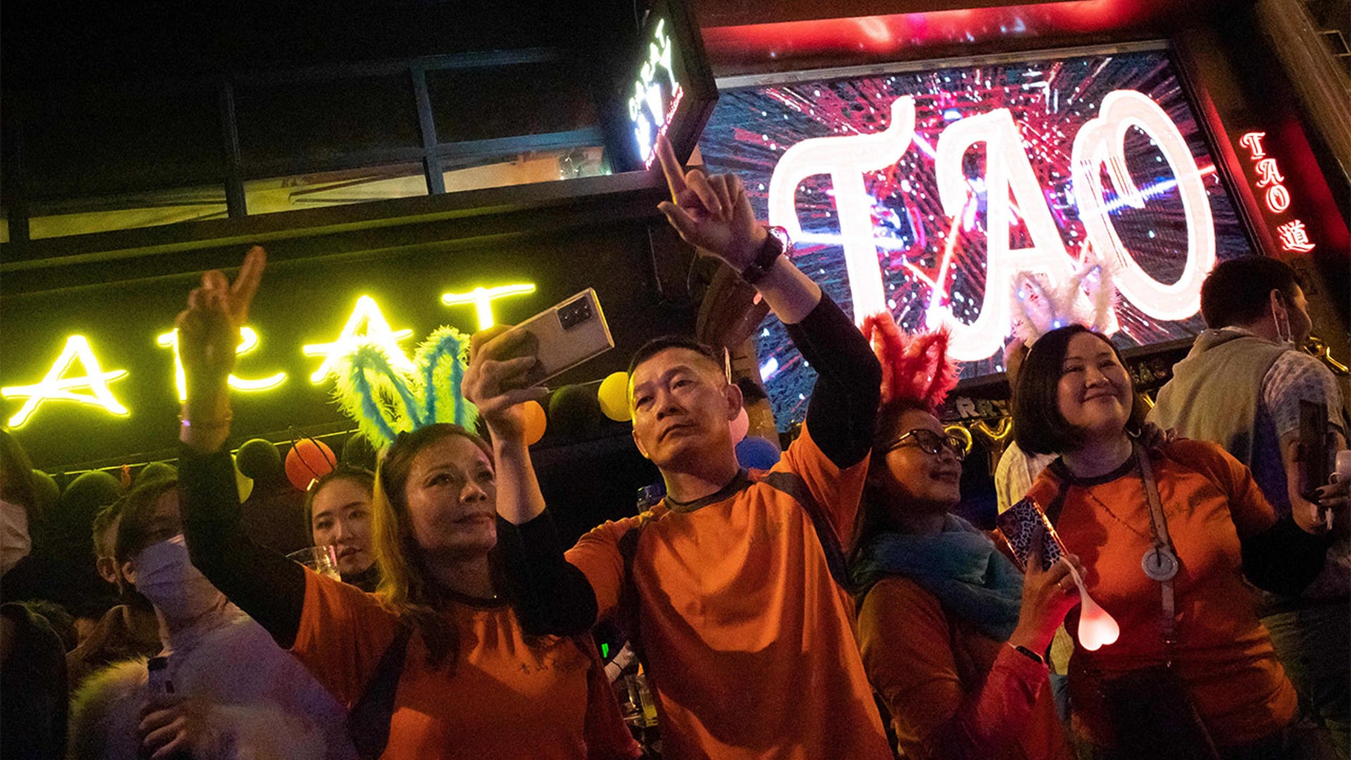 People celebrate New Year at Hong Kongs Lan Kwai Fong area on January 1, 2022.