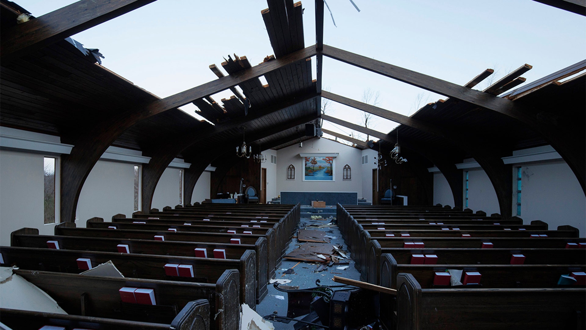 Interior view of tornado damage to Emmanuel Baptist Church on December 11, 2021 in Mayfield, Kentucky. 