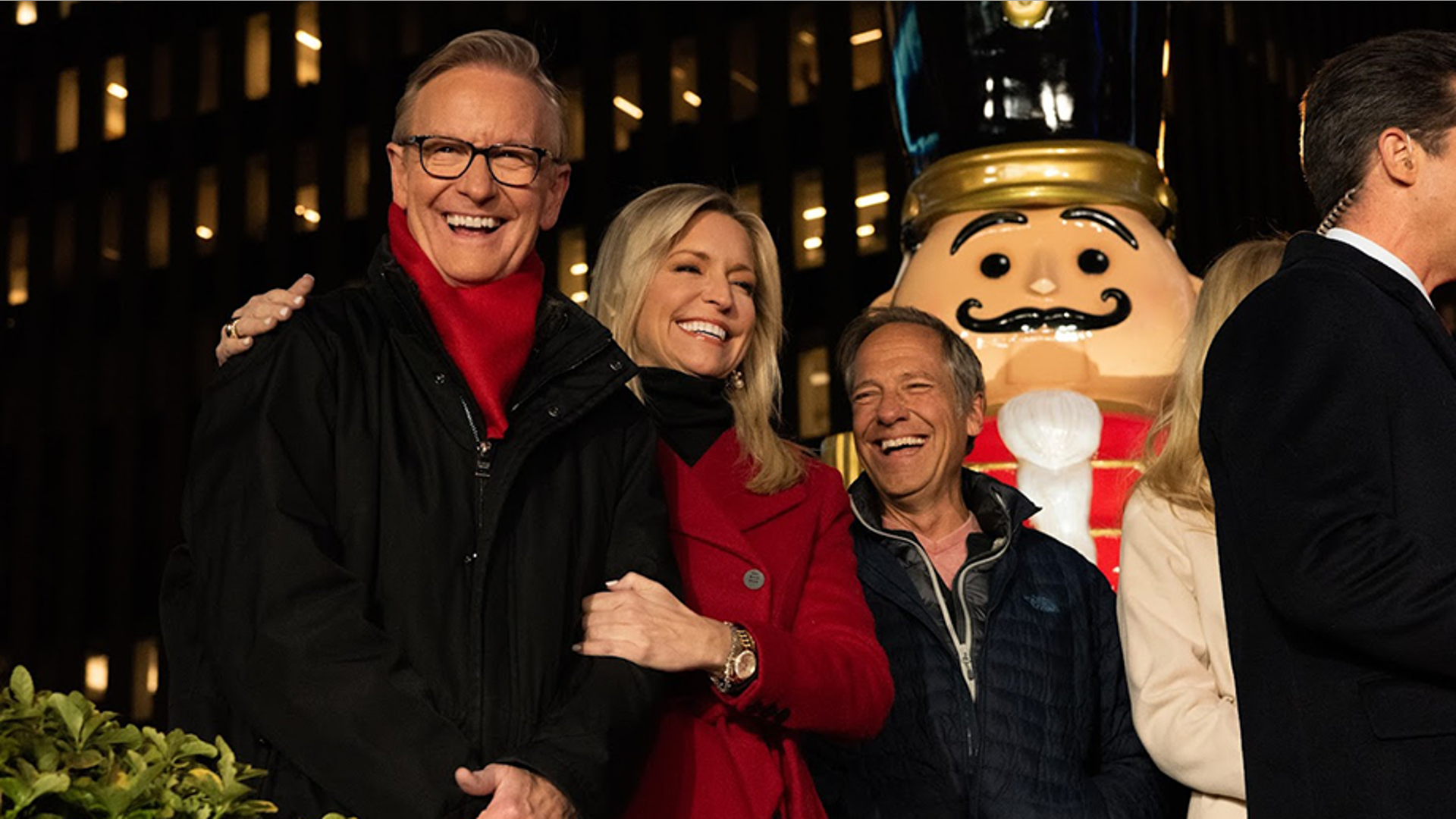 Steve Doocy, Ainsley Earhardt and Mike Rowe at the All-American Christmas Tree Lighting. 