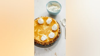 Pumpkin swirl cheesecake with candied walnuts for Christmas dessert