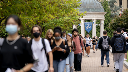 Students on campus at George Washington University in Washington, D.C., U.S., on Thursday, Sept. 9, 2021. (Stefani Reynolds/Bloomberg via Getty Images)
