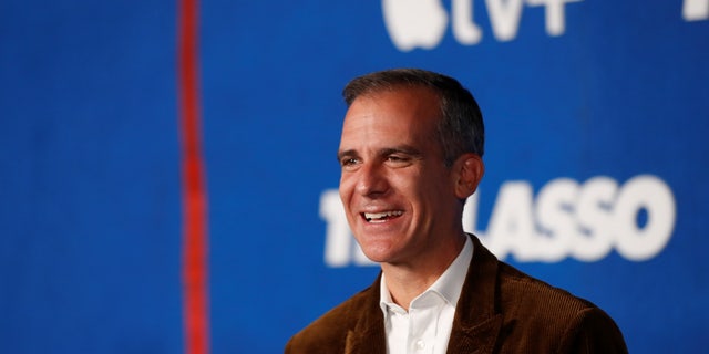 Los Angeles Mayor Eric Garcetti attends the premiere for season 2 of the television series "Ted Lasso" at Pacific Design Center in West Hollywood, Calif. July 15, 2021.  