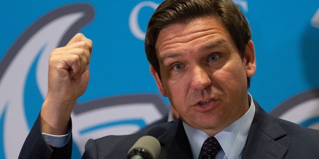Govt.  Ron DeSantis speaks at the Collier County Public Schools building in Naples, Florida.