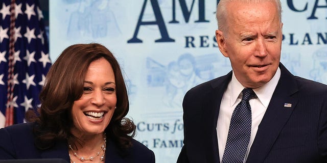 Before an audience of nine families benefiting from the new child tax credit, President Joe Biden and Vice President Kamala Harris deliver remarks in the Eisenhower Executive Office Building on July 15, 2021, in Washington. 