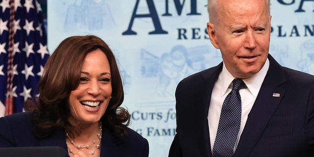 US President Joe Biden and Vice President Kamala Harris will speak about the US rescue program at the South Court Auditorium in the Eisenhower Executive Office Building in Washington, DC on July 15, 2021.