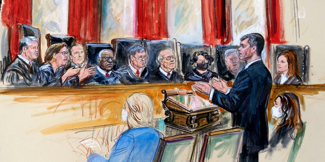 This artist sketch depicts Mississippi Solicitor General Scott Stewart standing while speaking to the Supreme Court, Wednesday, Dec. 1, 2021, in Washington, D.C.