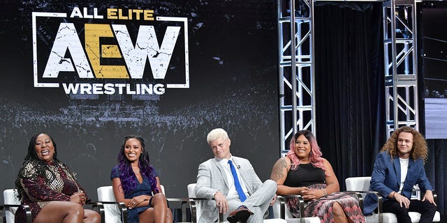 Awesome Kong, Brandi Rhodes, Cody Rhodes, Nyla Rose and Jungle Boy of All Elite Wrestling speak during the TNT and TBS segment of the Summer 2019 Television Critics Association Press Tour 2019 at The Beverly Hilton Hotel on July 24, 2019, a Beverly Hills.
