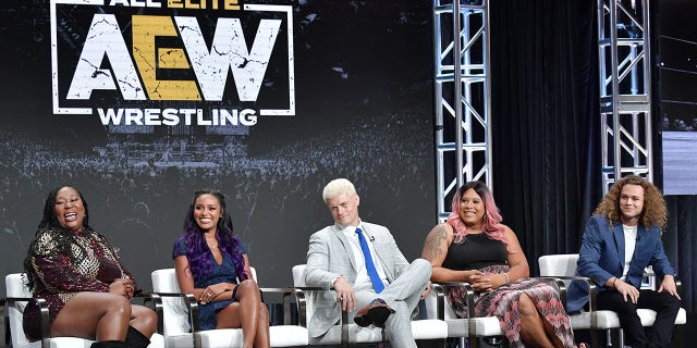 Awesome Kong, Brandi Rhodes, Cody Rhodes, Nyla Rose and Jungle Boy of All Elite Wrestling speak during the TNT and TBS segment of the Summer 2019 Television Critics Association Press Tour 2019 at The Beverly Hilton Hotel on July 24, 2019, a Beverly Hills.