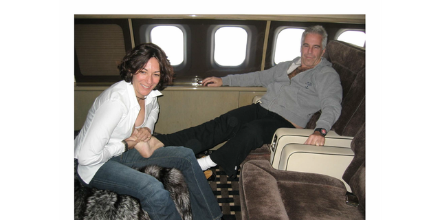 Ghislaine Maxwell rubbing Jeffrey Epstein's foot on a private jet in an undated photo.