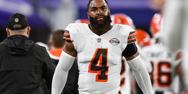 Cleveland Browns linebacker Anthony Walker Jr. looks on from the sideline during the first half of an NFL football game against the Baltimore Ravens, Nov. 28, 2021, in Baltimore.