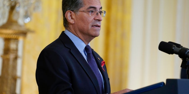 Health and Human Services Secretary Xavier Becerra speaks before President Joe Biden at an event to commemorate World AIDS Day during an event in the East Room of the White House, Wednesday, Dec. 1, 2021, in Washington. (AP Photo/Evan Vucci)