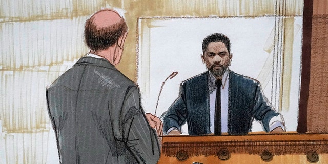 In this courtroom sketch, special prosecutor Dan Webb, left, cross-examines actor Jussie Smollett Tuesday, Dec. 7, 2021, in Chicago.