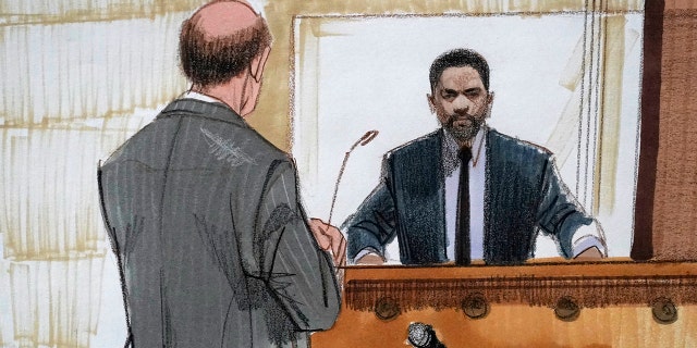 In this courtroom sketch, special prosecutor Dan Webb, left, cross-examines actor Jussie Smollett Tuesday, Dec. 7, 2021, in Chicago.