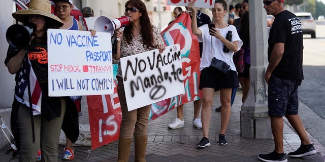 Anti-vaccine mandate protesters rally outside the garage doors of the Los Angeles Unified School District, LAUSD headquarters in Los Angeles. Nearly 500 Los Angeles Unified School District employees were fired this week. (AP Photo/Damian Dovarganes, File)