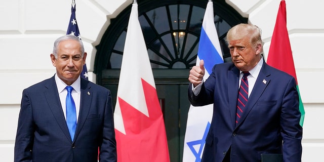 President Donald Trump and Israeli Prime Minister Benjamin Netanyahu attend the Abraham Accords signing ceremony on the South Lawn of the White House, in Washington, Sept. 15, 2020.