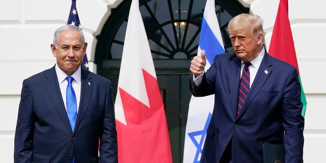 President Donald Trump and Israeli Prime Minister Benjamin Netanyahu attend the Abraham Accords signing ceremony on the South Lawn of the White House, in Washington, Sept. 15, 2020.