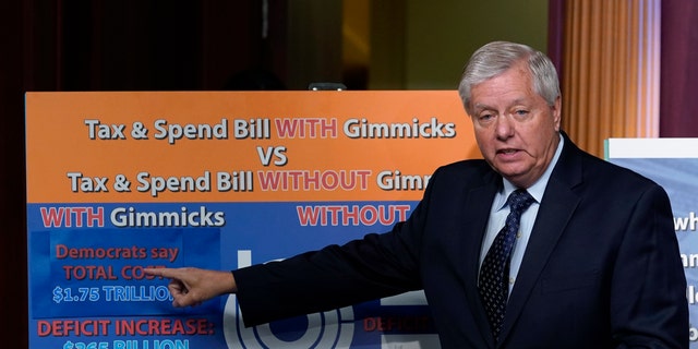 Sen. Lindsey Graham, R-S.C., talks about the the Build Back Better bill during a news conference on Capitol Hill in Washington, Friday, Dec. 10, 2021. (AP Photo/Susan Walsh)