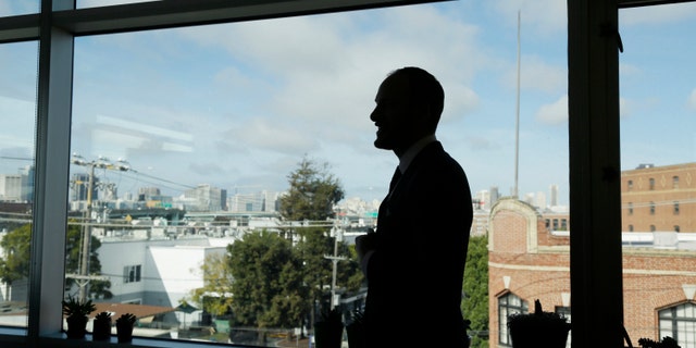 FILE - San Francisco District Attorney Chesa Boudin is silhouetted looking out at the skyline from his office in San Francisco on Jan. 30, 2020. (AP Photo/Eric Risberg, File)