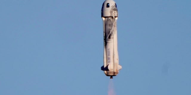 Blue Origin's New Shepard rocket launches carrying TV celebrity and former NFL football great Michael Strahan along with other passengers from its spaceport near Van Horn, Texas, Saturday, Dec. 11, 2021. 