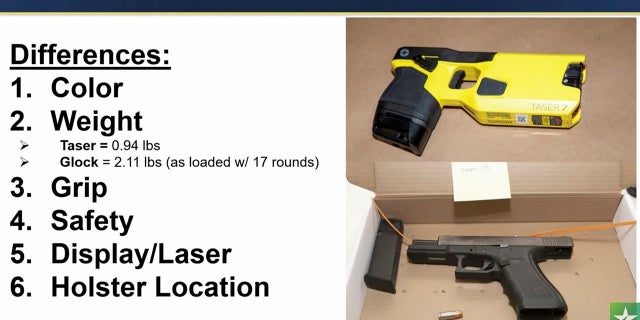This image provided by the prosecution shows the difference between a Taser and a Glock as the state delivers their opening statement Wednesday, 12月. 8, 2021, in the trial of former Brooklyn Center police Officer Kim Potter.