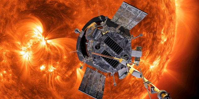 FILE - This image made available by NASA shows an artist's rendering of the Parker Solar Probe approaching the Sun. (Steve Gribben/Johns Hopkins APL/NASA via AP)