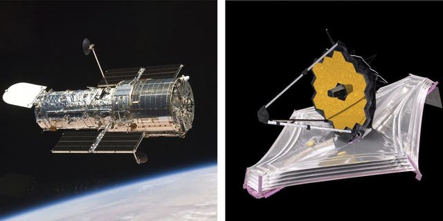 Este conjunto de imagens disponibilizadas pela NASA mostra o telescópio espacial Hubble em órbita