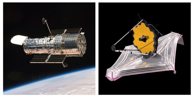 This combination of images made available by NASA shows the Hubble Space Telescope orbiting the Earth and an illustration of the James Webb Space Telescope. (NASA via AP)