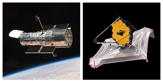This combination of images made available by NASA shows the Hubble Space Telescope orbiting the Earth and an illustration of the James Webb Space Telescope. (NASA via AP)