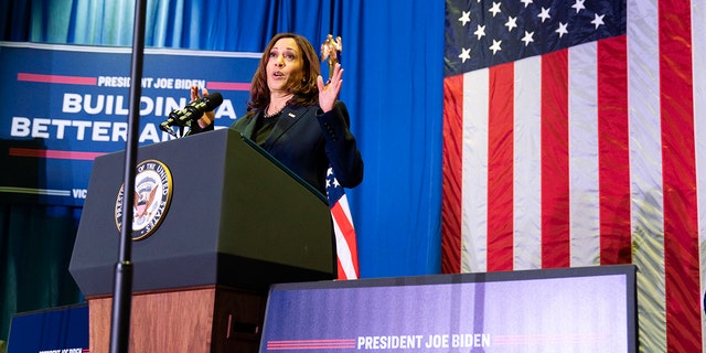 Vice President Kamala Harris speaks in Washington, Dec. 16, 2021. 