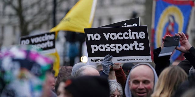 Anti -COVID-19 vaccination protesters demonstrate on Whitehall near Downing Street, ロンドンで, 土曜日, 12月. 18, 2021.(Ian West/PA via AP)