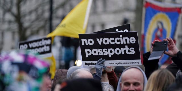 Anti -COVID-19 vaccination protesters demonstrate on Whitehall near Downing Street, in London, Saturday, Dec. 18, 2021.(Ian West/PA via AP)