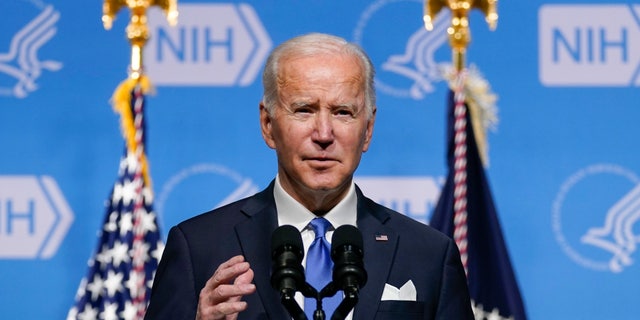President Joe Biden speaks about omicron earlier this month during a visit to the National Institutes of Health in Bethesda, Md. (AP Photo/Evan Vucci, File)