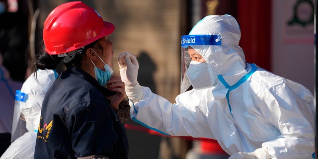 In this photo released by China's Xinhua News Agency, a worker wearing a protective suit collects a throat swab sample at a COVID-19 testing site in Xi'an in northwestern China's Shaanxi Province, Tuesday, Dec. 21, 2021. (Li Yibo/Xinhua via AP)