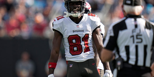 Tampa Bay Buccaneers wide receiver Antonio Brown celebrates during the first half of an NFL football game against the Carolina Panthers Sunday, Dec. 26, 2021, in Charlotte, N.C.