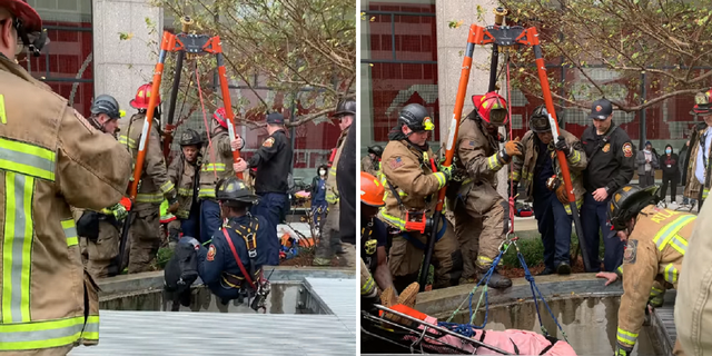 An Atlanta firefighter descended an air shaft Tuesday to rescue a trapped man.