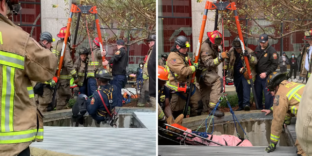 An Atlanta firefighter descended an air shaft Tuesday to rescue a trapped man.
