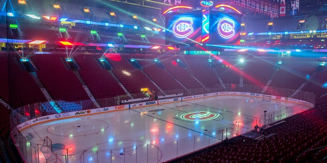 An empty Bell Centre is viewed in Montreal, Thursday, Dec. 16, 2021, ahead of an NHL hockey game between the Montreal Canadiens and the Philadelphia Flyers.